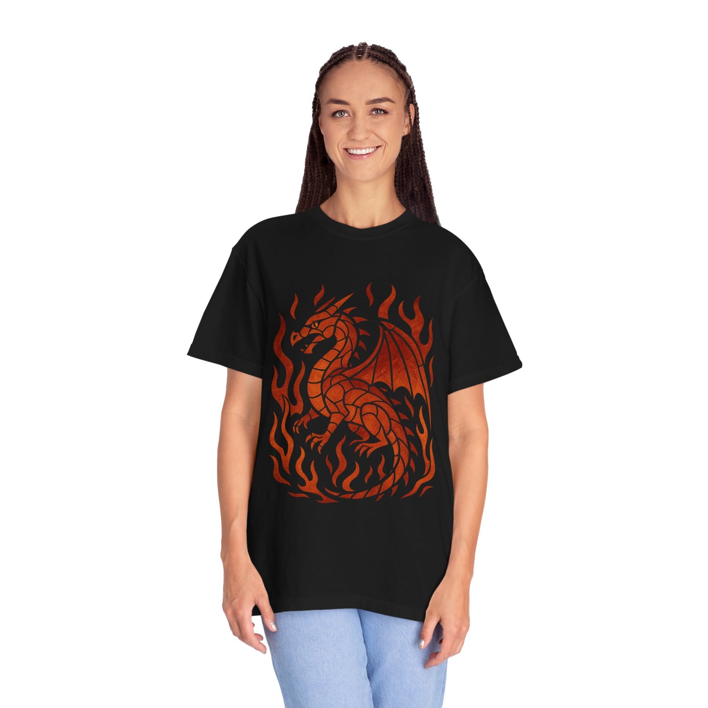 Fire & Flame Dragon T-shirt, Unisex Garment-Dyed Tee, Fantasy Apparel, Perfect for Gifts, Cosplay, and Festivals