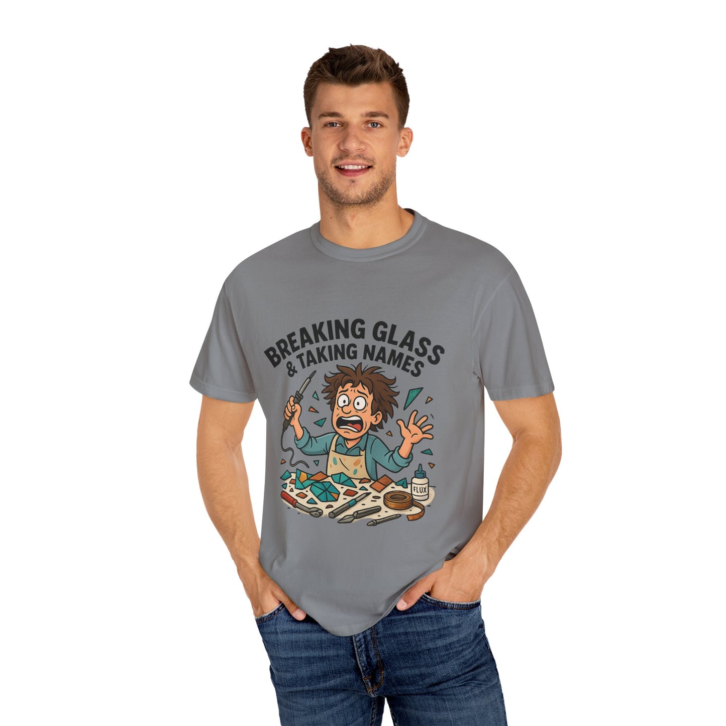Breaking Glass Unisex Garment-Dyed T-Shirt, Funny Graphic Tee, Casual Wear, Gift for Friends, Quirky Statement Shirt
