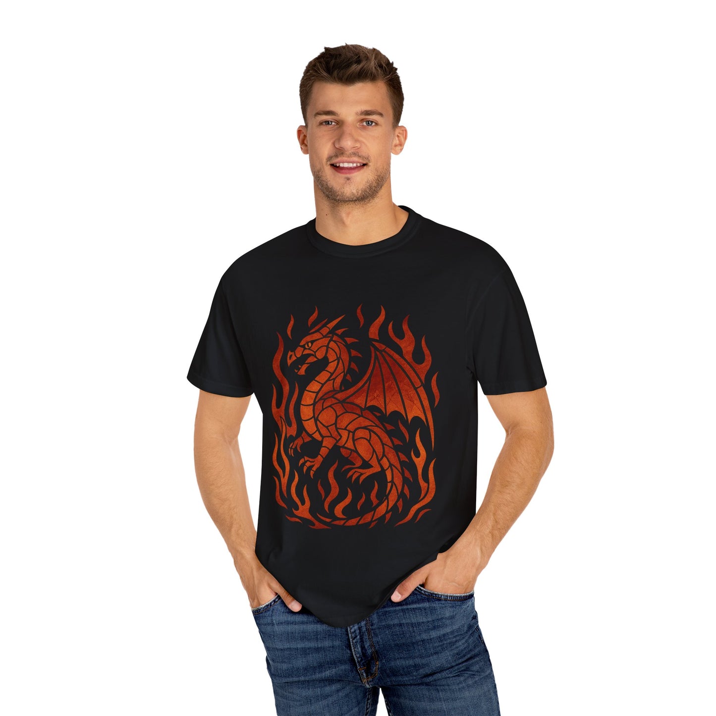 Fire & Flame Dragon T-shirt, Unisex Garment-Dyed Tee, Fantasy Apparel, Perfect for Gifts, Cosplay, and Festivals