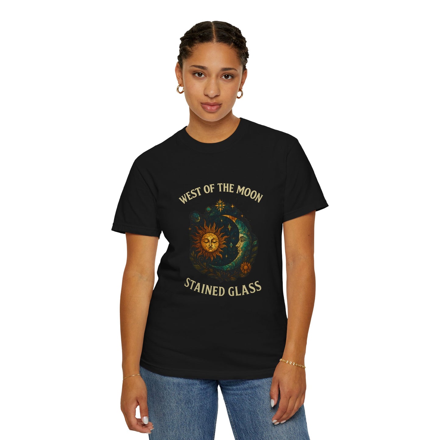 Celestial Stained Glass T-Shirt, Astrology Tee, Moon and Sun Graphic Shirt, Unisex Vintage T-Shirt, Gift for Star Lovers