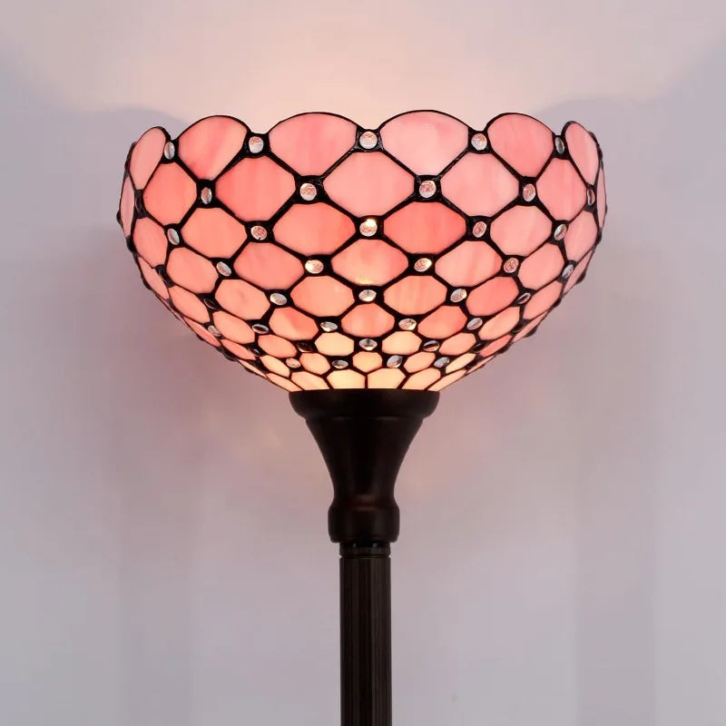 Tiffany Floor Lamp Pink Stained Glass Pearl Bead Light 12X12X66 Inches Torchiere Standing Corner Torch Uplight Decor