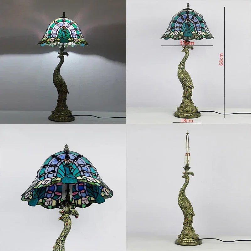Tiffany Peacock Table Lights Led Bedside for Living Room Bedroom Desk Lamp Stained Glass Lighting Fixtures Luminarias Decoration