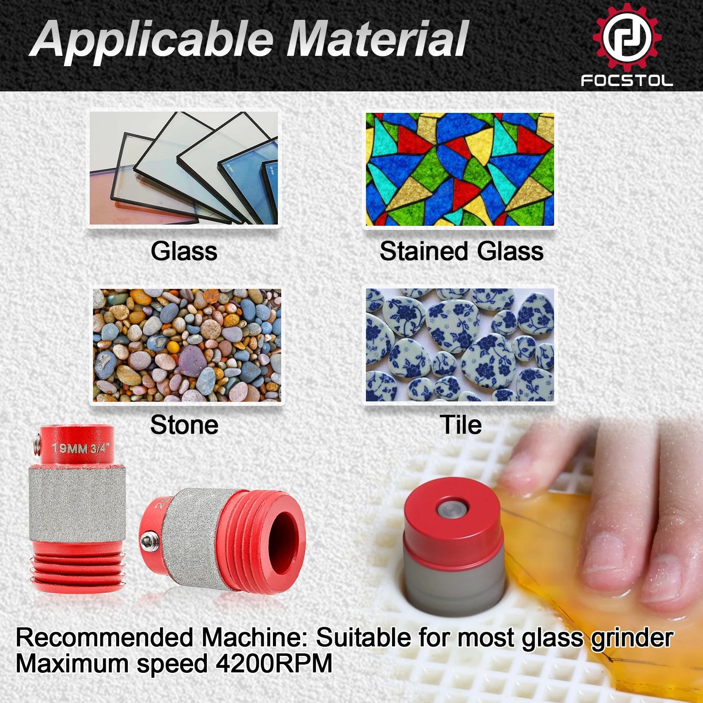 FOCSTOL Stained Glass Grinder Bit Head Tools 1 3/4 1/4 1/8 Inch Diamond Grinder Bits Head Tools Set Glass Drill Bits