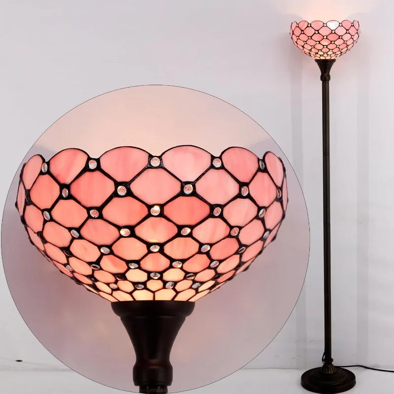 Tiffany Floor Lamp Pink Stained Glass Pearl Bead Light 12X12X66 Inches Torchiere Standing Corner Torch Uplight Decor