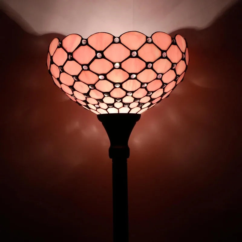 Tiffany Floor Lamp Pink Stained Glass Pearl Bead Light 12X12X66 Inches Torchiere Standing Corner Torch Uplight Decor