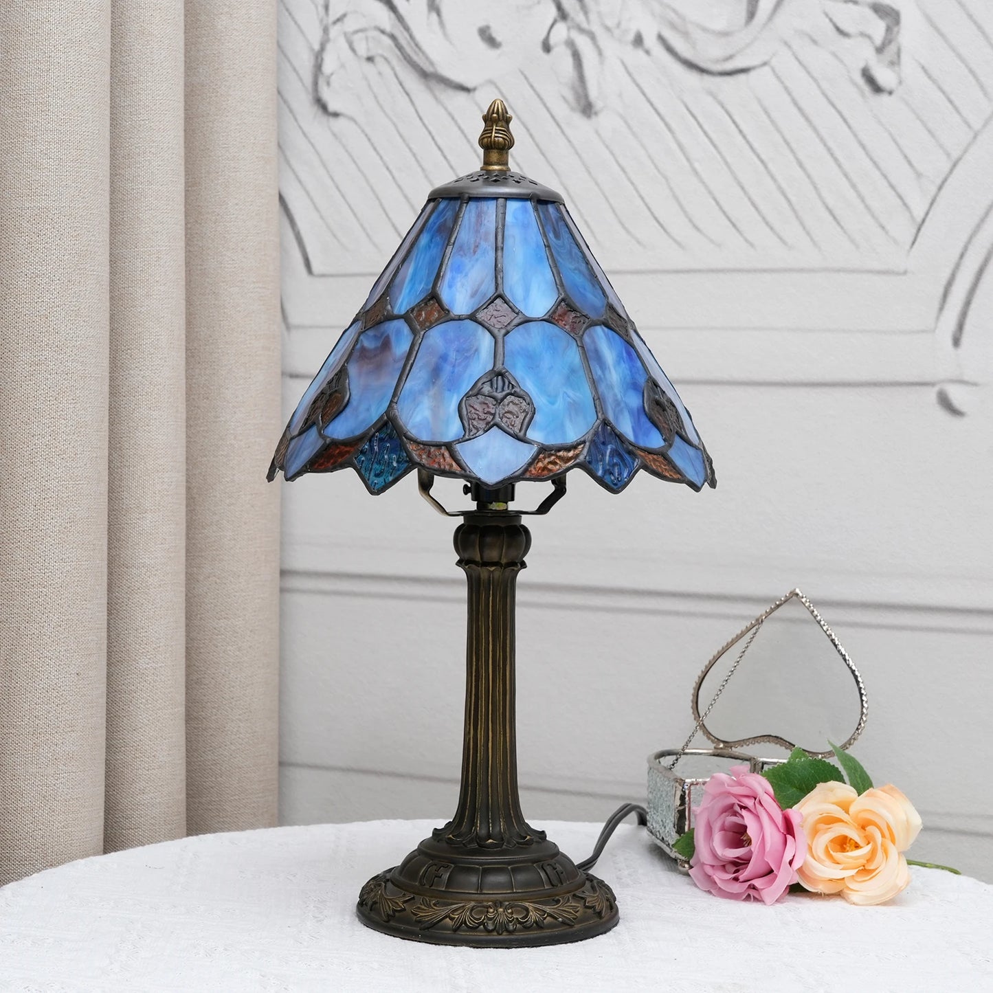 Baroque Tiffany Style Stained Glass Table Lamp Night Light with 8 Inch Wide Blue Lampshade for Bedside Bedroom Living Room