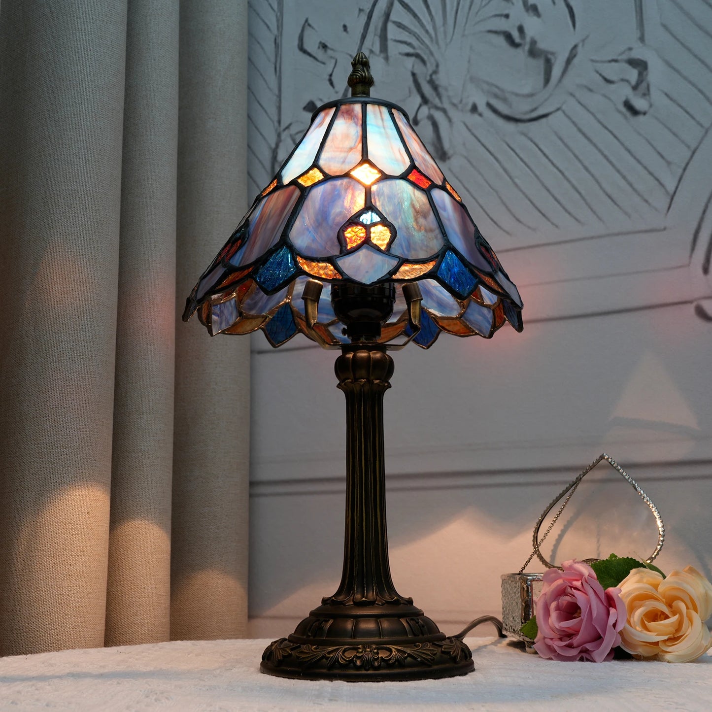 Baroque Tiffany Style Stained Glass Table Lamp Night Light with 8 Inch Wide Blue Lampshade for Bedside Bedroom Living Room