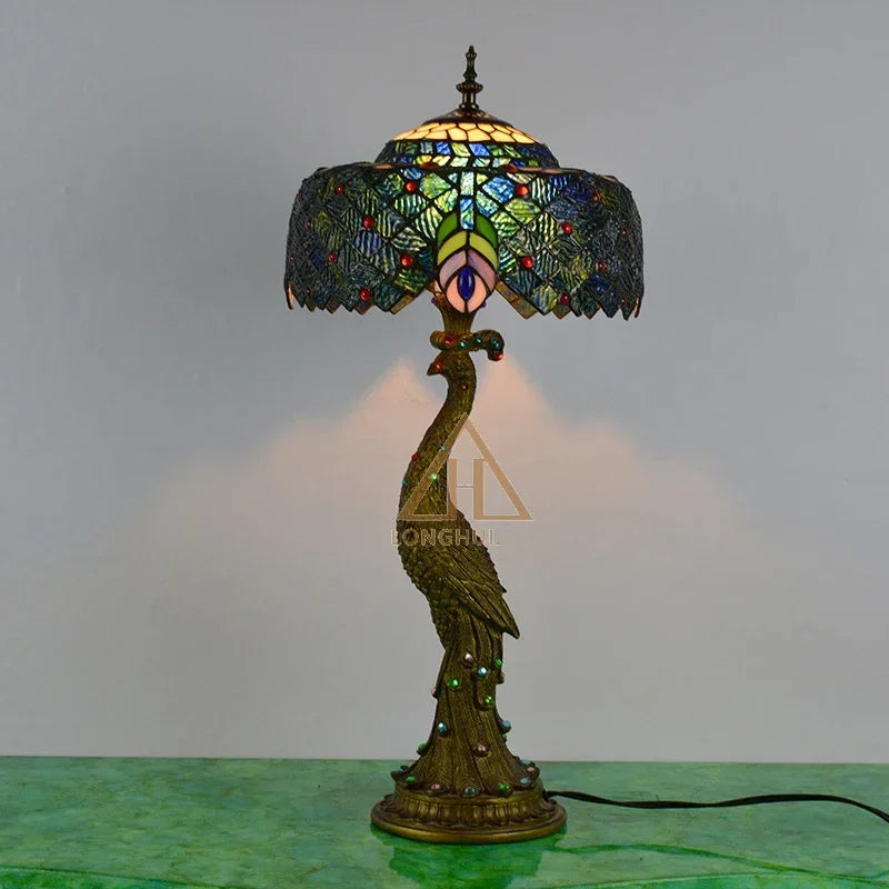 Tiffany Peacock Table Lights Led Bedside for Living Room Bedroom Desk Lamp Stained Glass Lighting Fixtures Luminarias Decoration