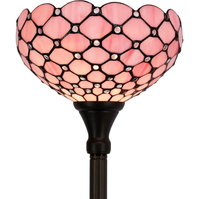 Tiffany Floor Lamp Pink Stained Glass Pearl Bead Light 12X12X66 Inches Torchiere Standing Corner Torch Uplight Decor