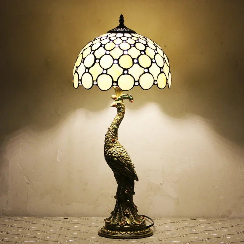 Tiffany Peacock Table Lights Led Bedside for Living Room Bedroom Desk Lamp Stained Glass Lighting Fixtures Luminarias Decoration