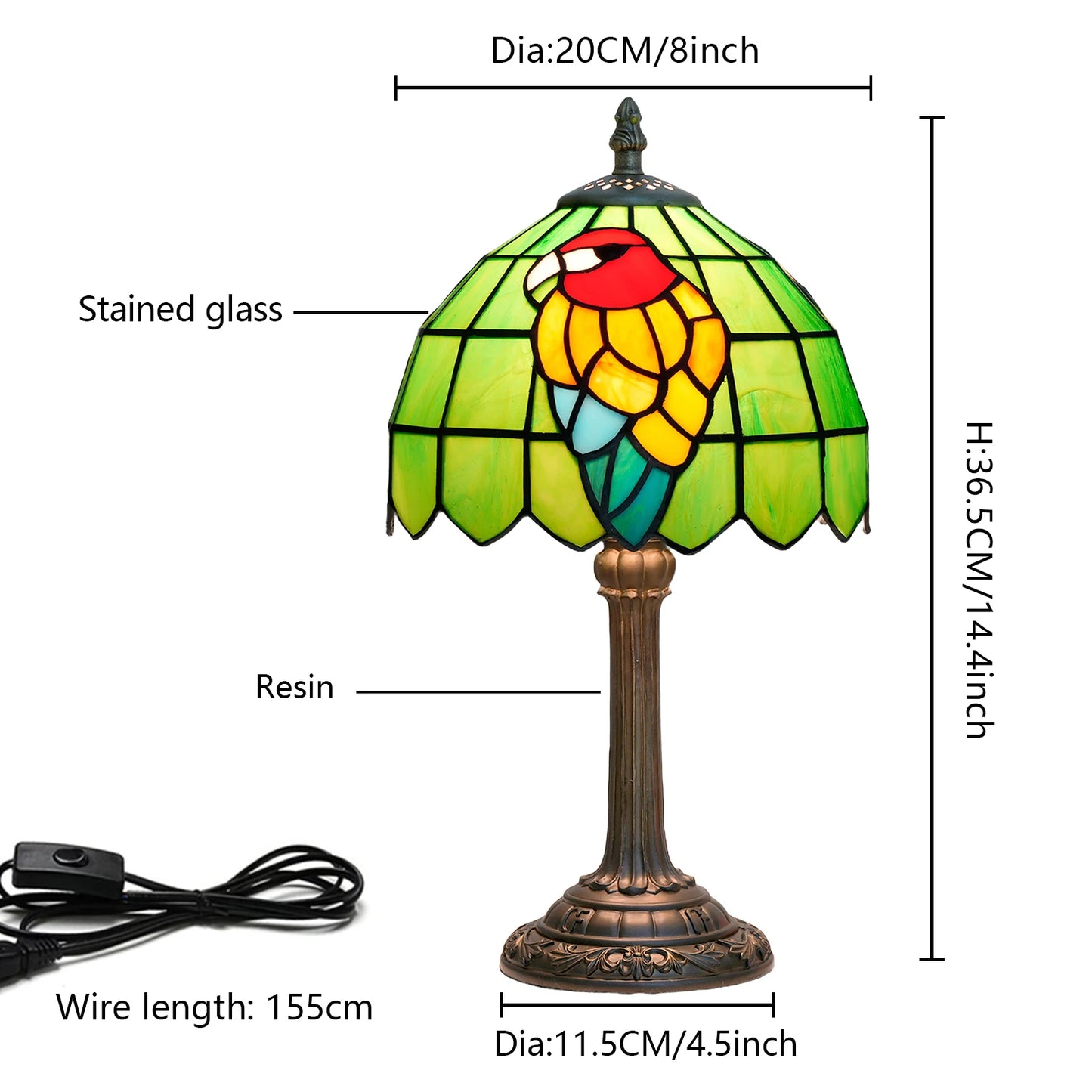 Bird style Parrot Tiffany Lamp Green Stained Glass lamp 8 inch Stained Glass Table lamp for home office decoration