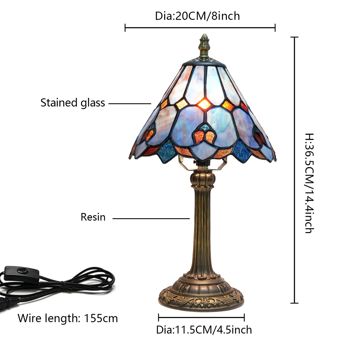 Baroque Tiffany Style Stained Glass Table Lamp Night Light with 8 Inch Wide Blue Lampshade for Bedside Bedroom Living Room