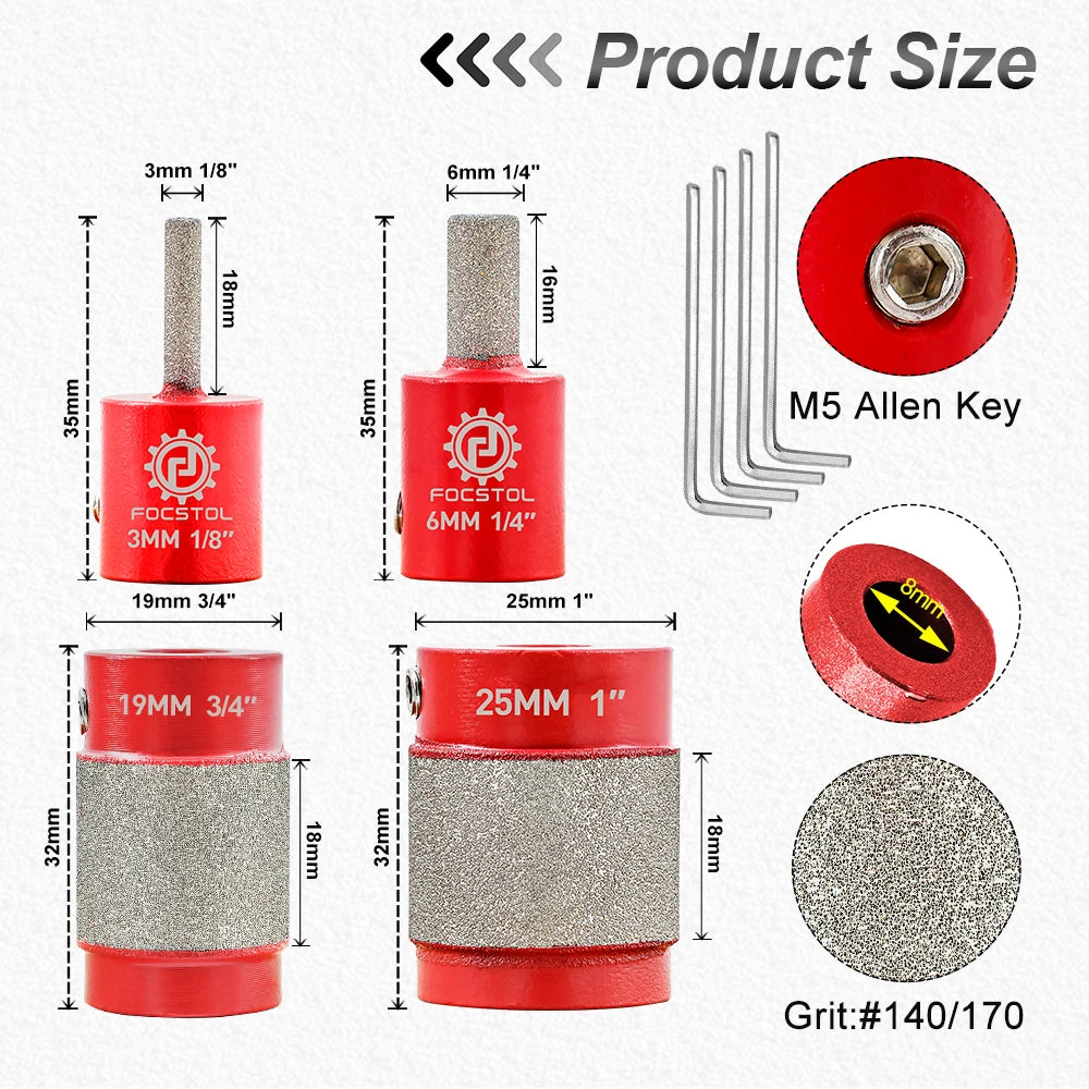 FOCSTOL Stained Glass Grinder Bit Head Tools 1 3/4 1/4 1/8 Inch Diamond Grinder Bits Head Tools Set Glass Drill Bits