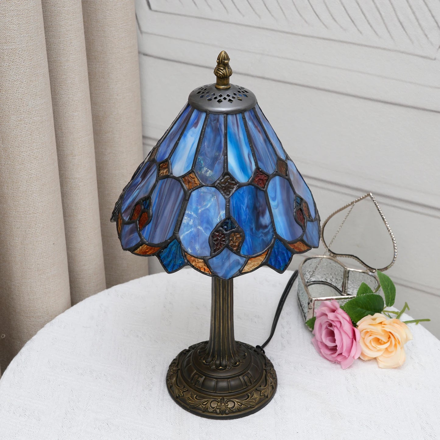 Baroque Tiffany Style Stained Glass Table Lamp Night Light with 8 Inch Wide Blue Lampshade for Bedside Bedroom Living Room