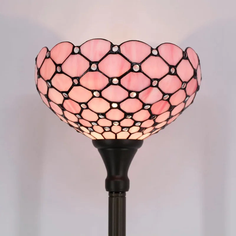 Tiffany Floor Lamp Pink Stained Glass Pearl Bead Light 12X12X66 Inches Torchiere Standing Corner Torch Uplight Decor