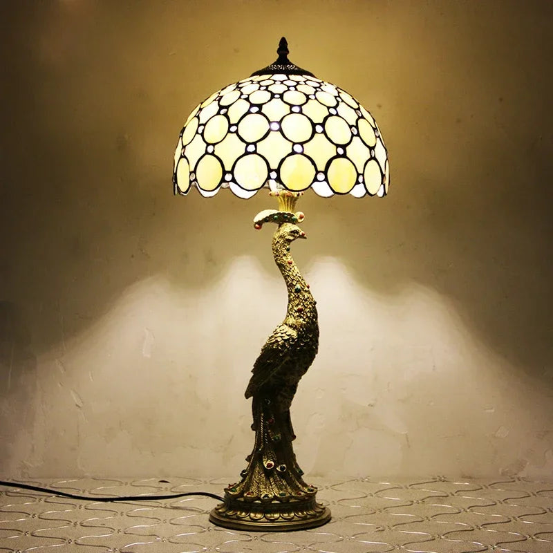 Tiffany Peacock Table Lights Led Bedside for Living Room Bedroom Desk Lamp Stained Glass Lighting Fixtures Luminarias Decoration