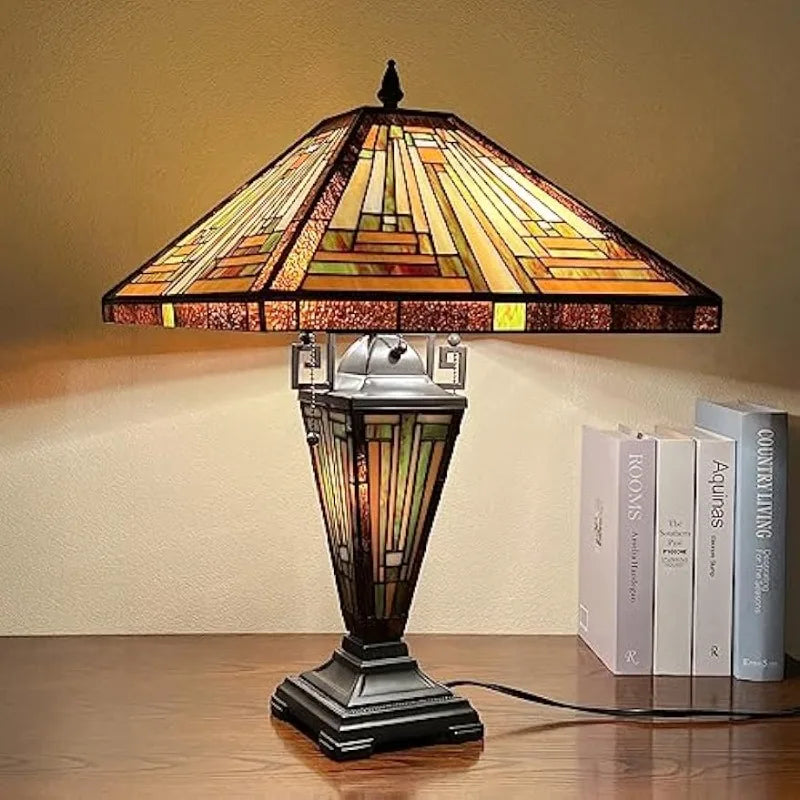 Tiffany Lamp Stained Glass Table Lamp, Mother-Daughter Vase 3-Light,16X16X24 Inches Amber Brown Mission Tiffany Style D