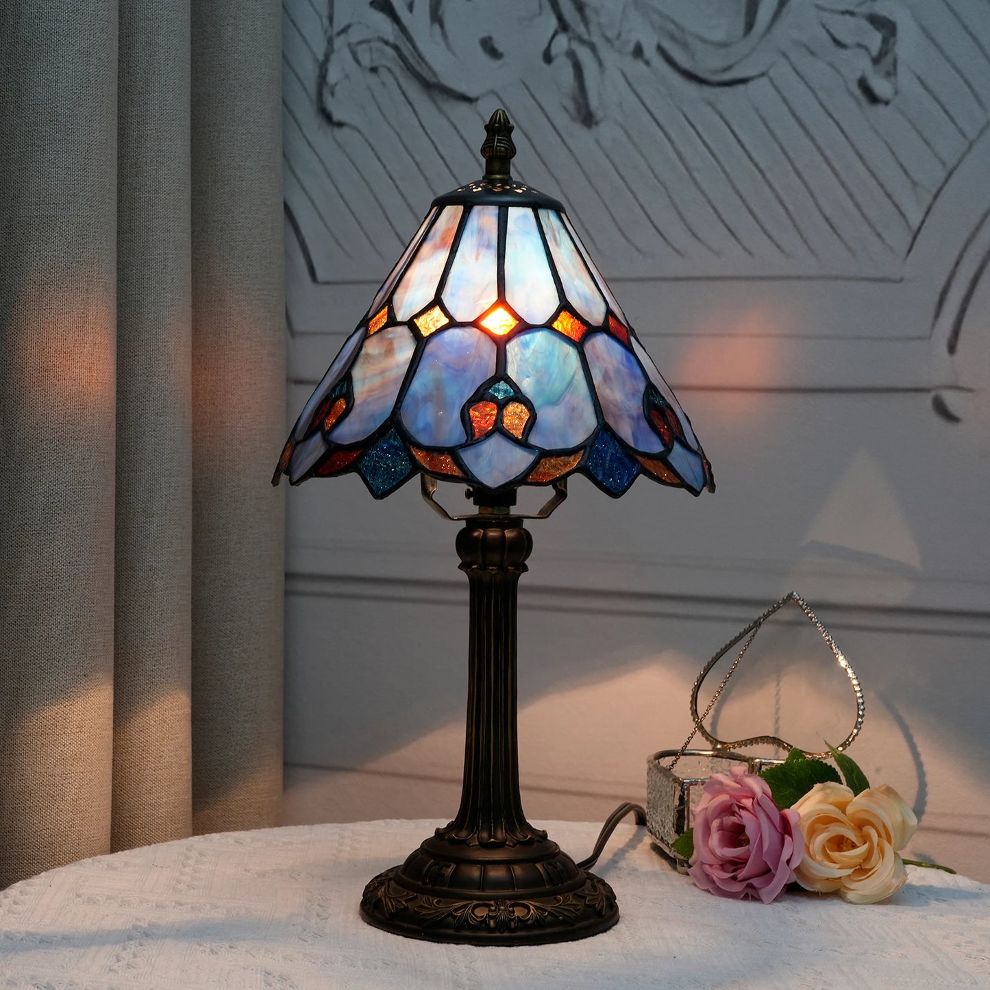Baroque Tiffany Style Stained Glass Table Lamp Night Light with 8 Inch Wide Blue Lampshade for Bedside Bedroom Living Room