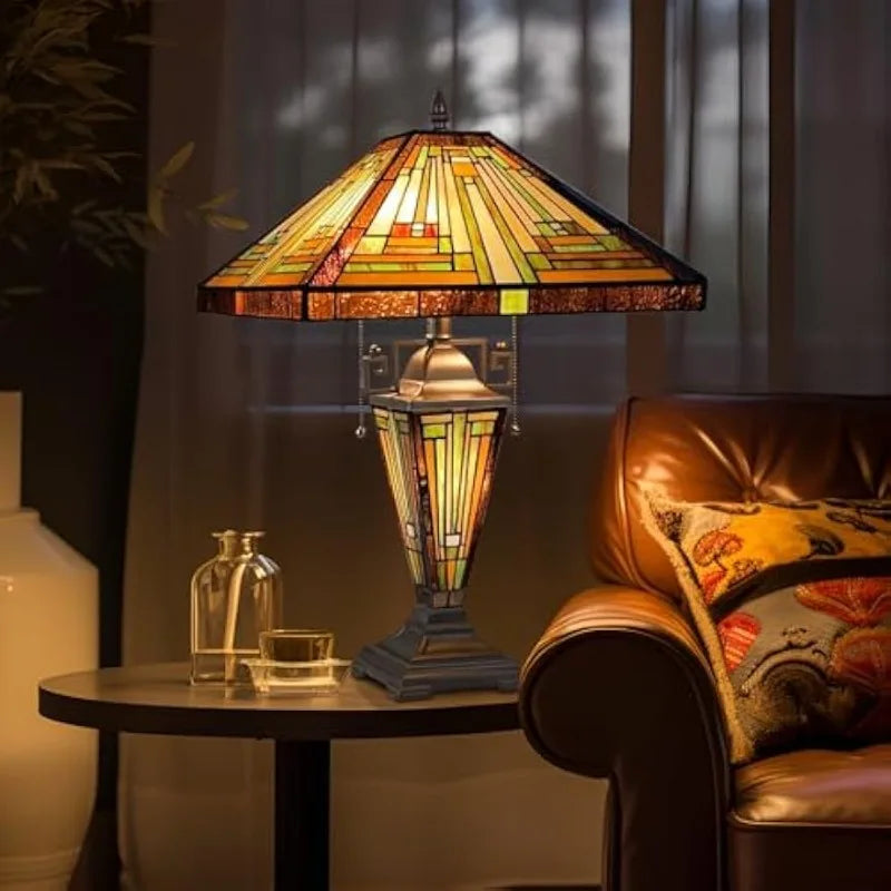 Tiffany Lamp Stained Glass Table Lamp, Mother-Daughter Vase 3-Light,16X16X24 Inches Amber Brown Mission Tiffany Style D