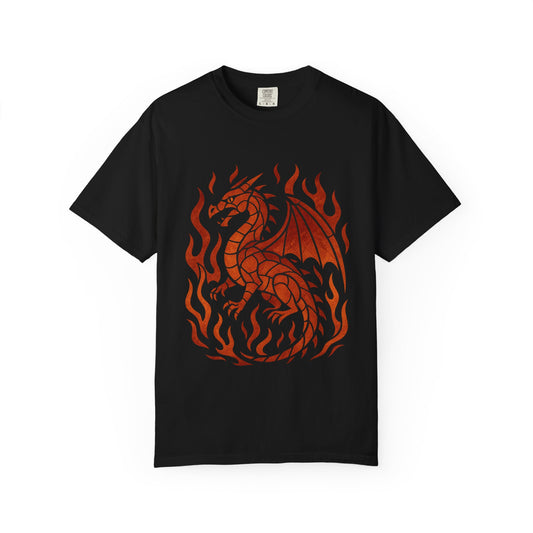Fire & Flame Dragon T-shirt, Unisex Garment-Dyed Tee, Fantasy Apparel, Perfect for Gifts, Cosplay, and Festivals