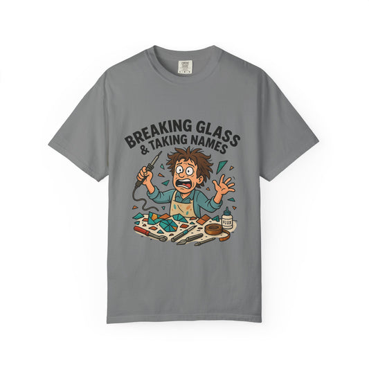 Breaking Glass Unisex Garment-Dyed T-Shirt, Funny Graphic Tee, Casual Wear, Gift for Friends, Quirky Statement Shirt