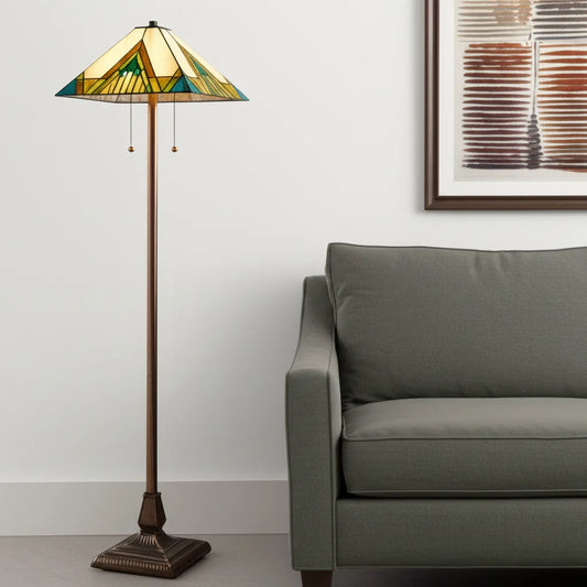 HMS 62\" Two-Tone Tiffany Style Floor Lamp Amber Blue & Green Stained Glass Shade
