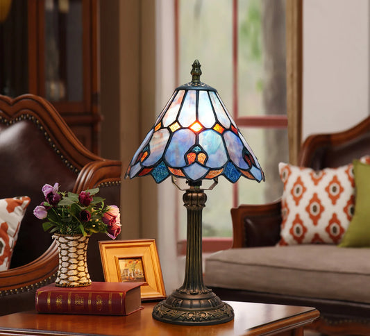 Baroque Tiffany Style Stained Glass Table Lamp Night Light with 8 Inch Wide Blue Lampshade for Bedside Bedroom Living Room