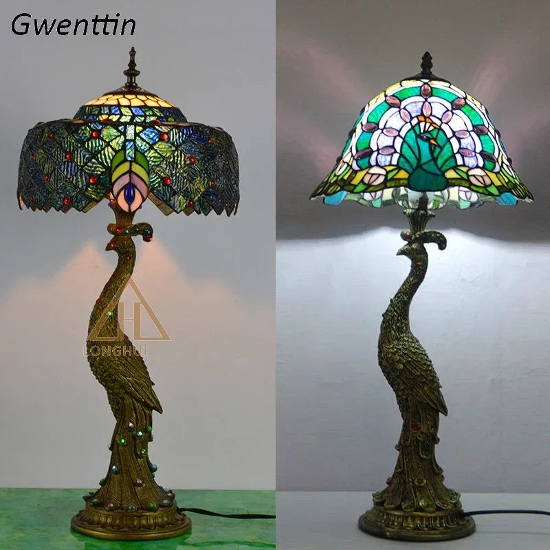 Tiffany Peacock Table Lights Led Bedside for Living Room Bedroom Desk Lamp Stained Glass Lighting Fixtures Luminarias Decoration