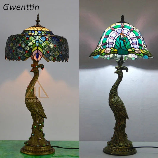 Tiffany Peacock Table Lights Led Bedside for Living Room Bedroom Desk Lamp Stained Glass Lighting Fixtures Luminarias Decoration