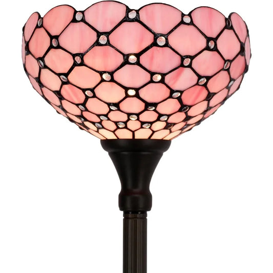Tiffany Floor Lamp Pink Stained Glass Pearl Bead Light 12X12X66 Inches Torchiere Standing Corner Torch Uplight Decor