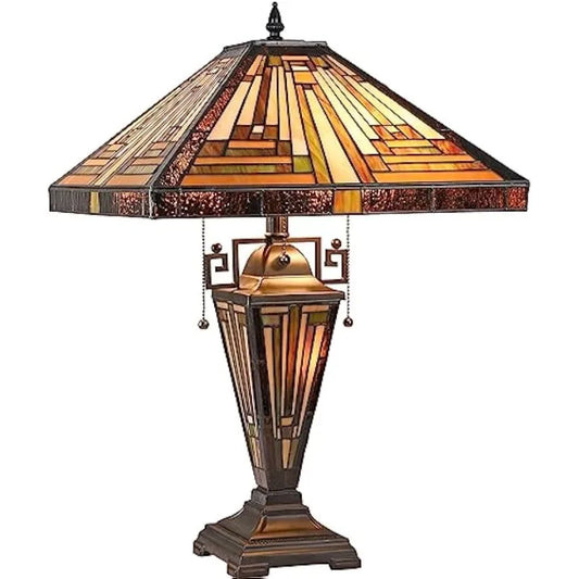 Tiffany Lamp Stained Glass Table Lamp, Mother-Daughter Vase 3-Light,16X16X24 Inches Amber Brown Mission Tiffany Style D