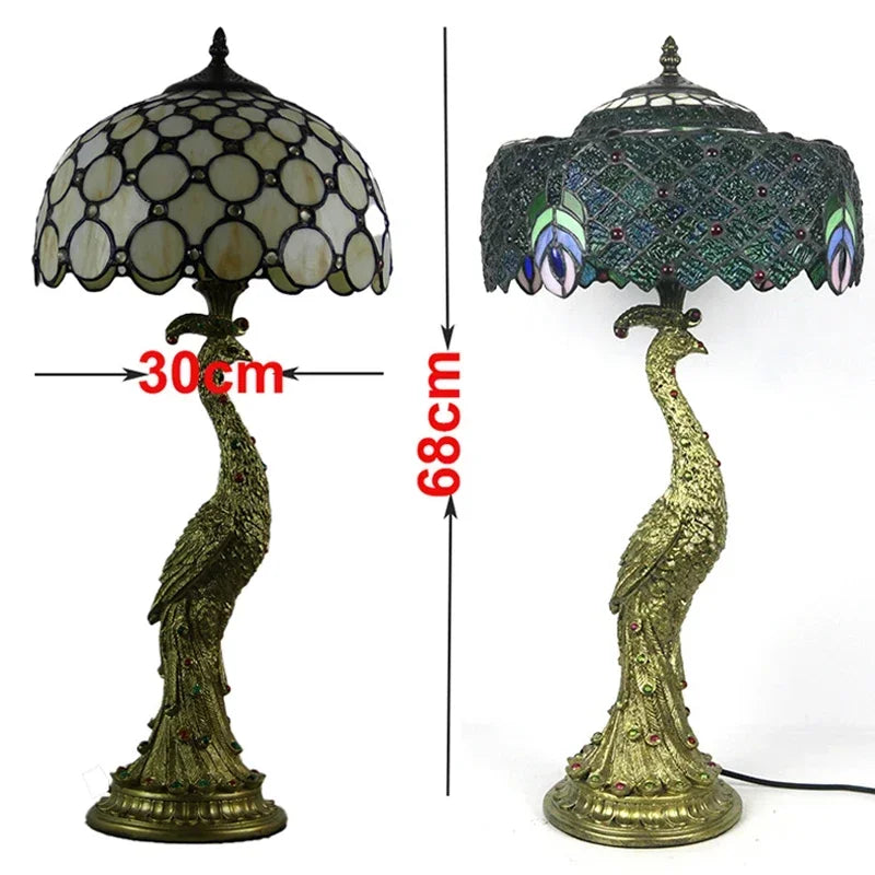 Tiffany Peacock Table Lights Led Bedside for Living Room Bedroom Desk Lamp Stained Glass Lighting Fixtures Luminarias Decoration